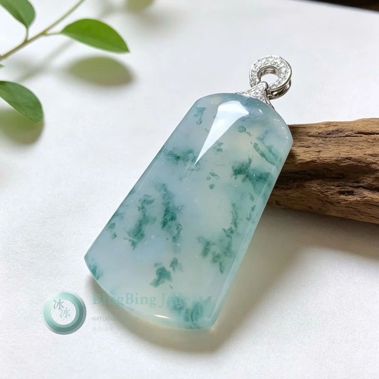 Icy Floating Blossom Jadeite Pendant — Misty Jade with Scattered Emerald Blooms