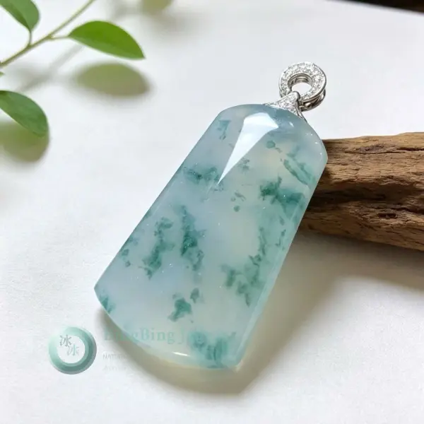 Icy Floating Blossom Jadeite Pendant — Misty Jade with Scattered Emerald Blooms