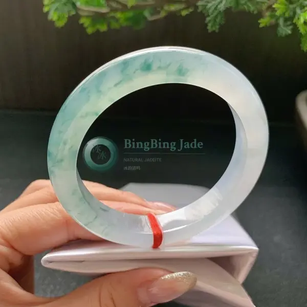 Icy Lavender-White Bangle with Floating Green Clouds 54.6mm