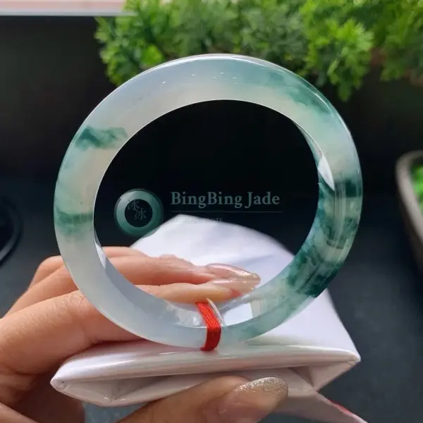Icy Translucent Bangle with Floating Emerald Clouds 55mm