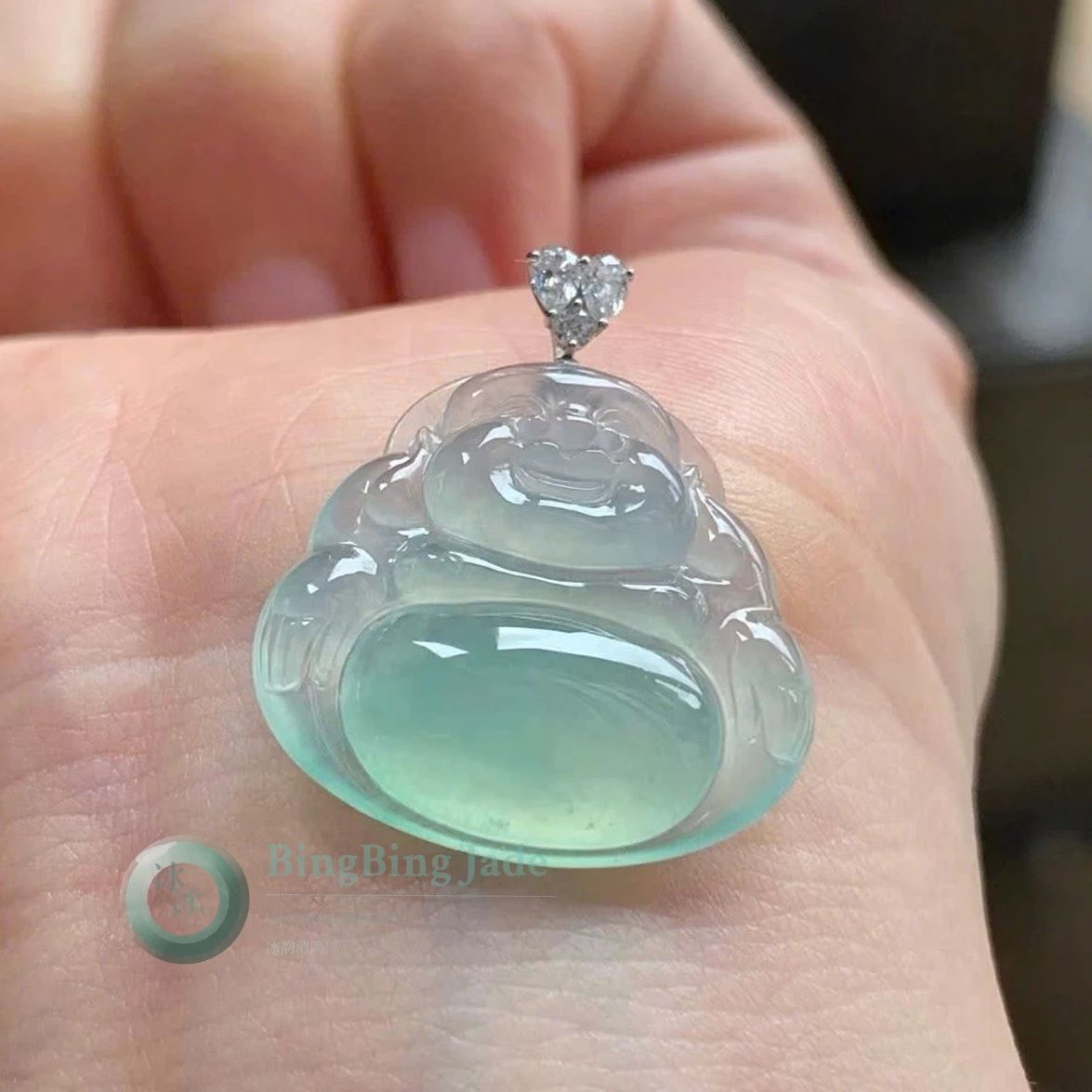 Icy Luminous Laughing Buddha Pendant with Floating Seafoam Heart