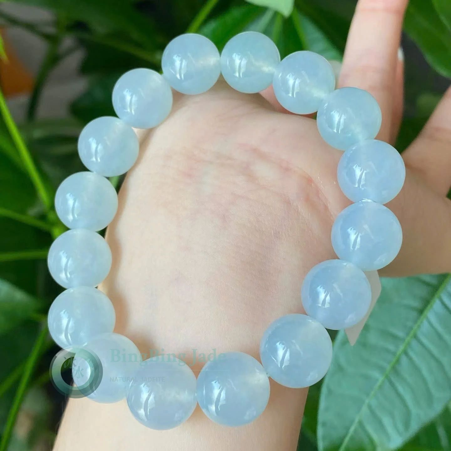 Icy Sky Blue Glow Jadeite Bead Bracelet 12mm