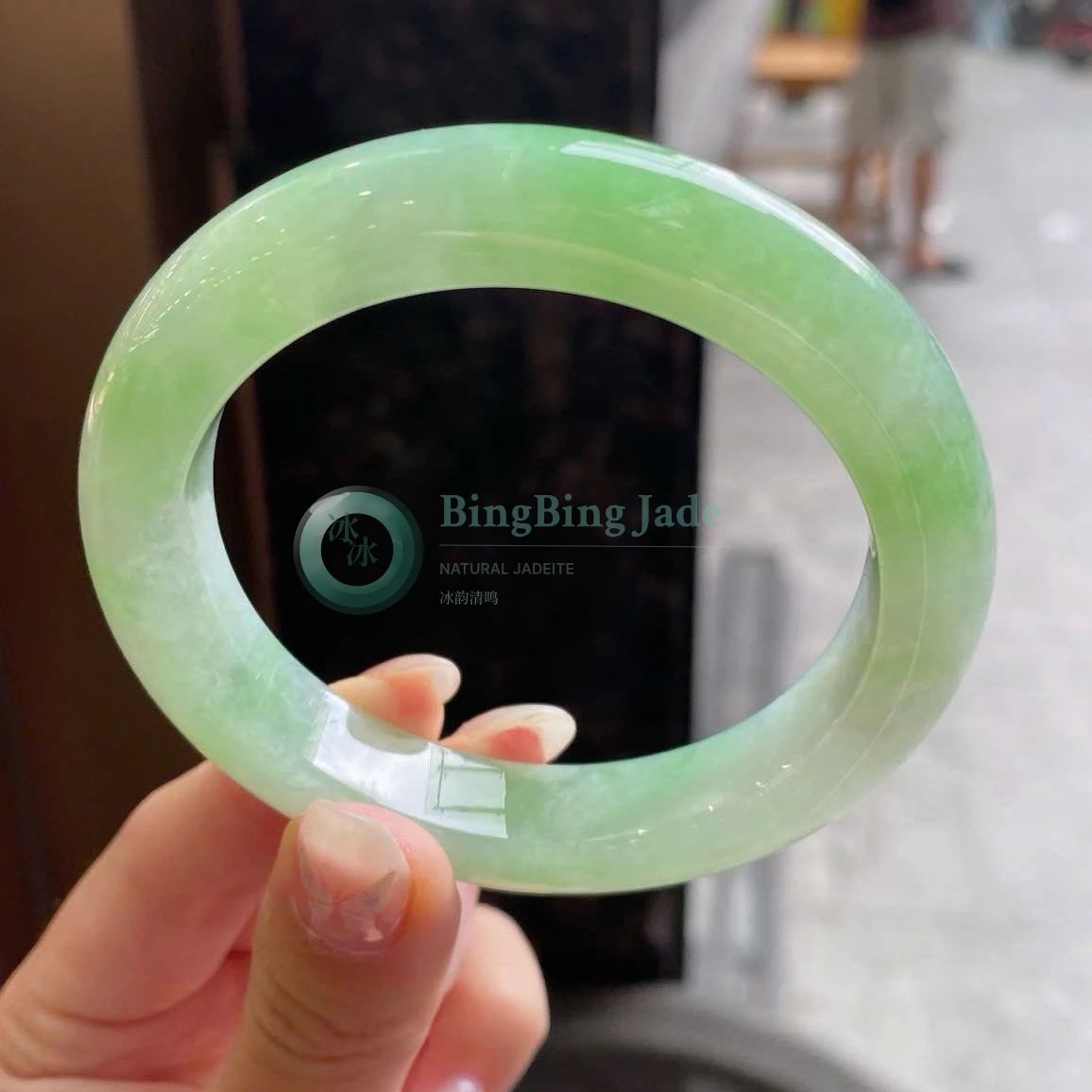 Spring Melon Glow Jadeite Bangle 57mm — Soft Jelly Green with Emerald Drifts