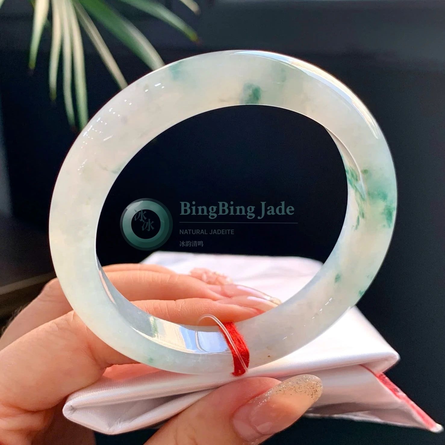 Translucent Bangle with Floating Green Blossoms 54.8mm