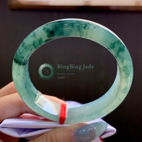 Misty Emerald Clouds on Icy Green Jadeite Bangle 56mm