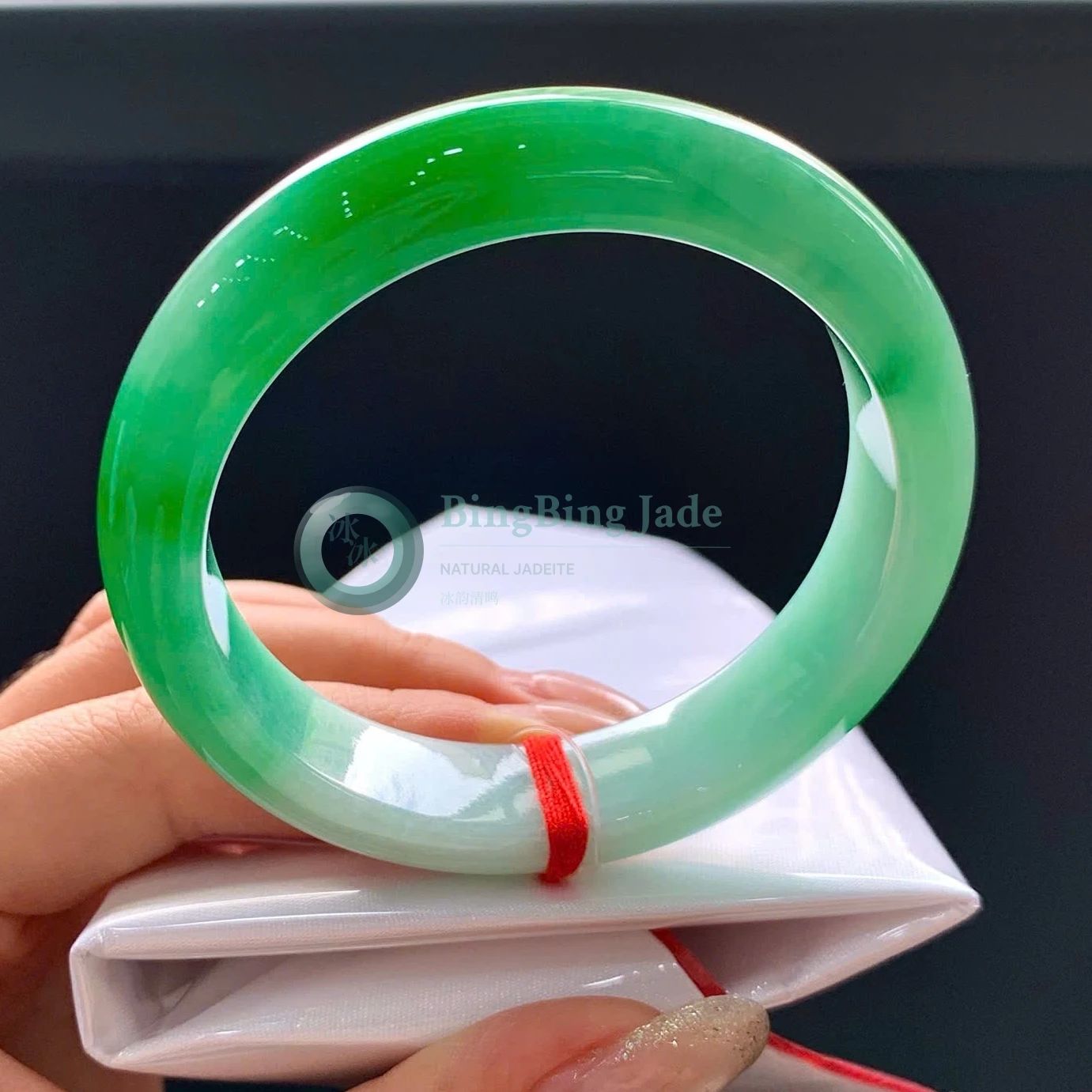 Vivid Emerald Band on Soft Celadon — Glutinous Jadeite Bangle 54mm