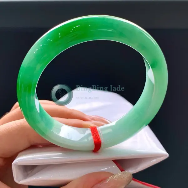 Vivid Emerald Band on Soft Celadon — Glutinous Jadeite Bangle 54mm