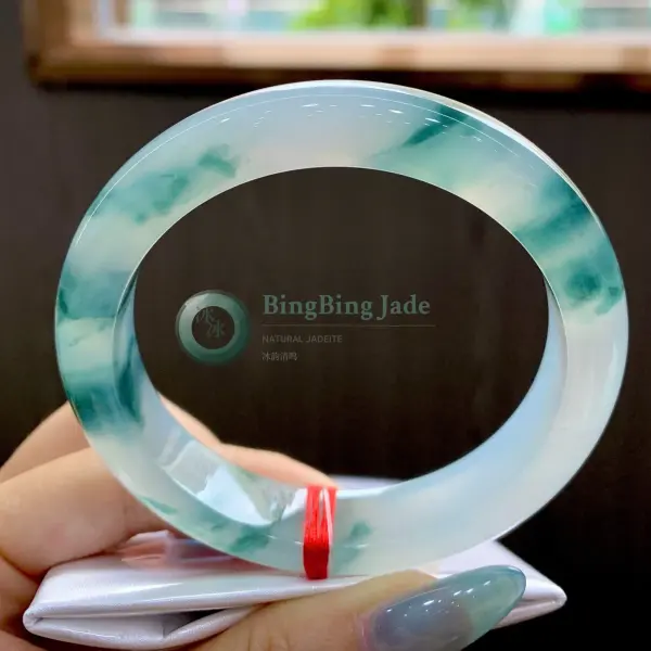 Icy Translucent Bangle with Floating Blue-Green Clouds 58mm