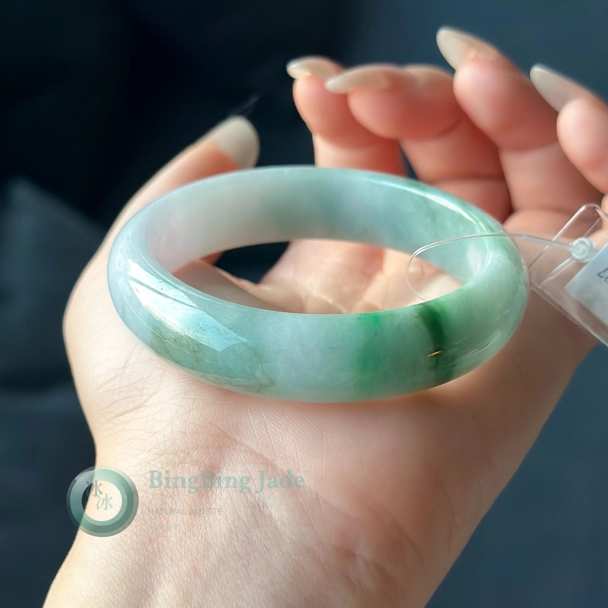 Lavender-Kissed Spring Float with Vivid Emerald Vein — Bangle 55mm