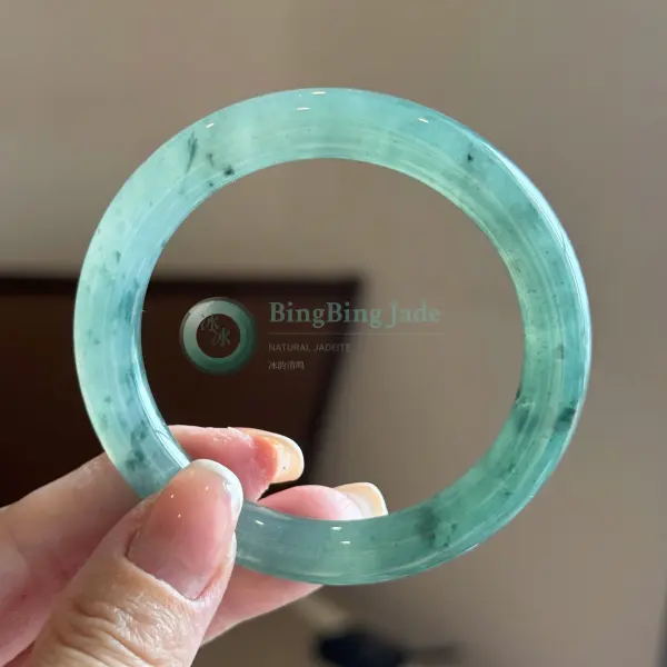 Icy Aqua Jelly Bangle with Floating Emerald Clouds 54mm