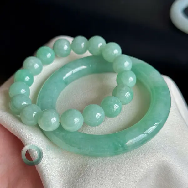 Spring Water Green Jadeite Bangle & Bead Bracelet Set 54.6mm — Matched from the Same Rough