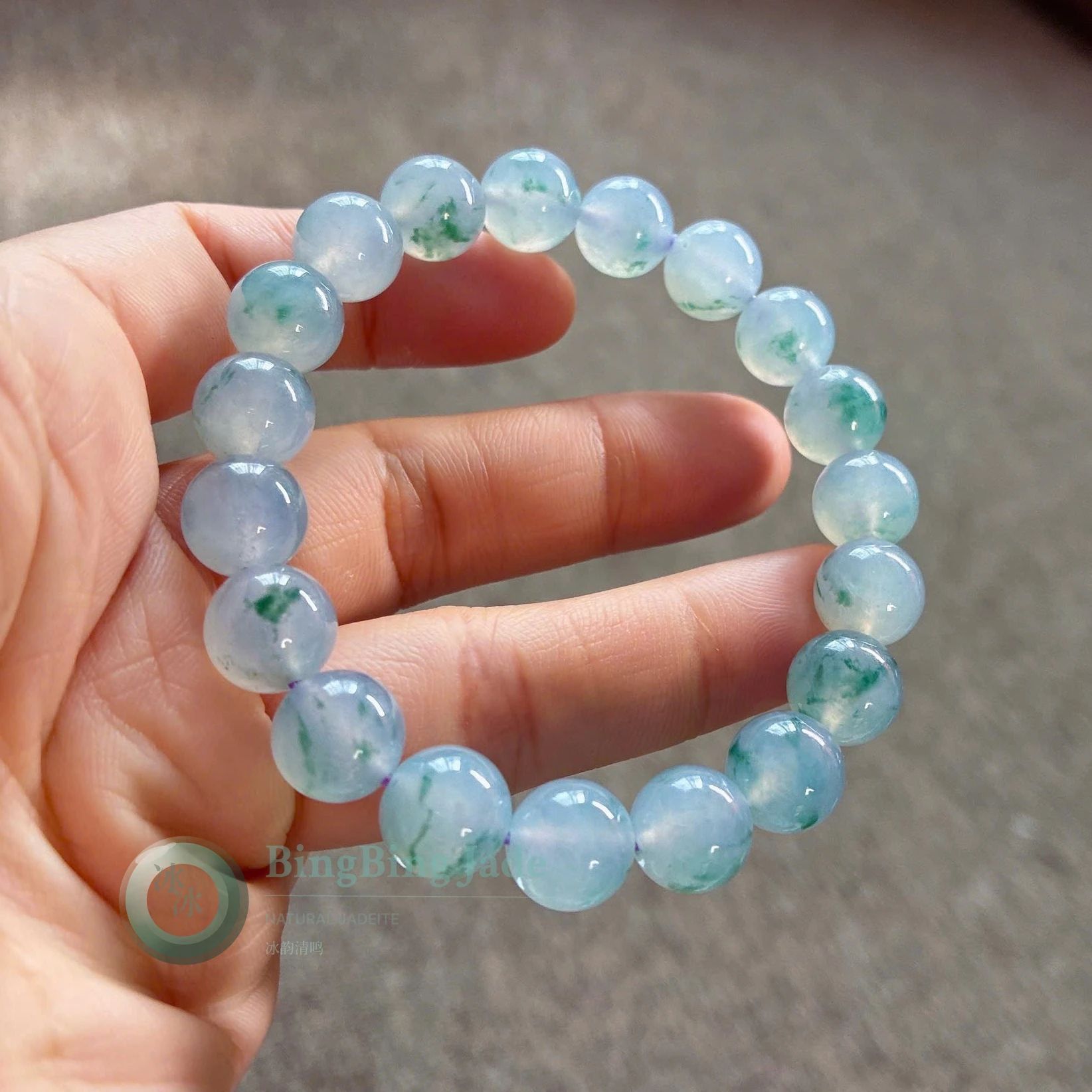 Icy Monet Mist with Floating Green — Jadeite Bead Bracelet 10mm