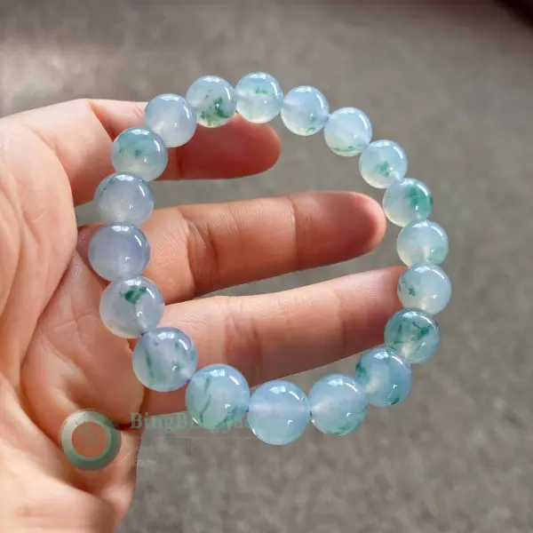 Icy Monet Mist with Floating Green — Jadeite Bead Bracelet 10mm