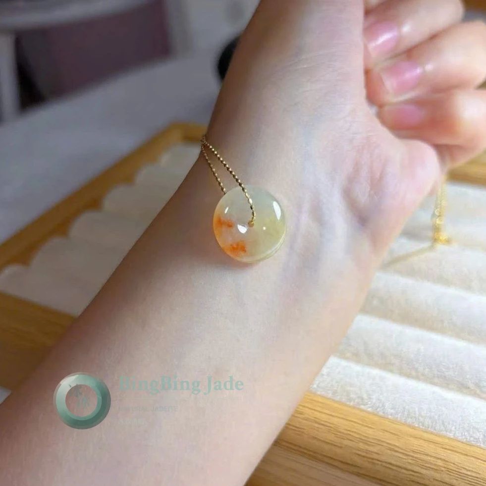 Icy Koi Pond Peace Buckle Pendant — Honey-Amber Blooms in Translucent Jade 15.2mm