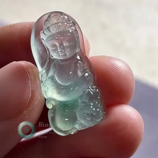 Icy Floating Green Guanyin Pendant — Glassbody Translucency with Spring Bloom
