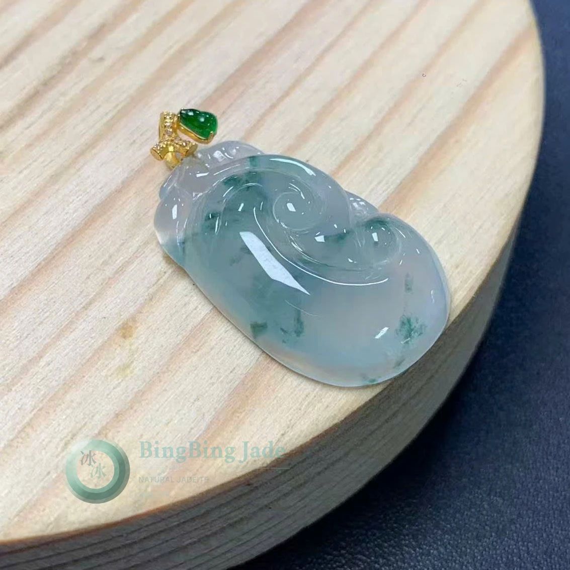 Icy Ruyi Pendant with Drifting Moss Veils — 18k Gold Bail