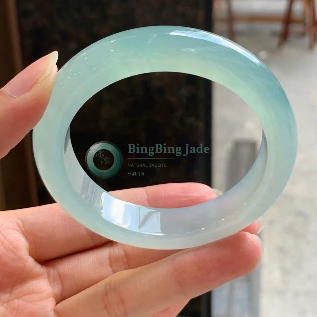 Icy Bluish-Green Jelly Bangle 52.6mm — Smooth Glassy Translucency