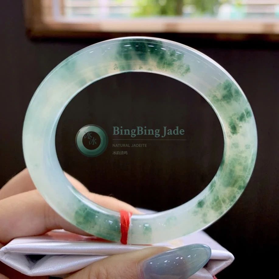 Icy Translucent Bangle with Floating Emerald Clouds 52.7mm