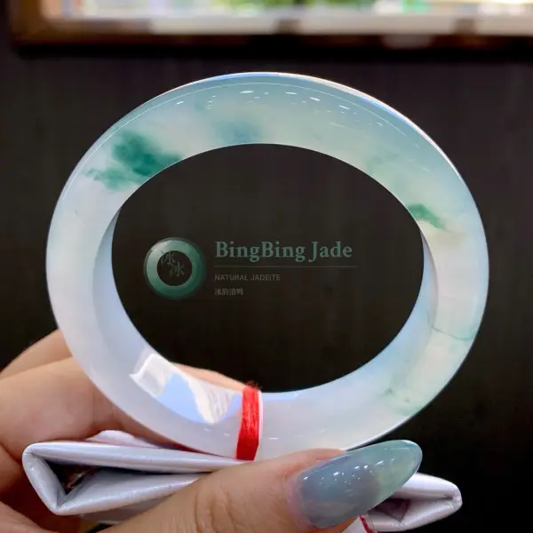 Icy Translucent Bangle with Floating Teal Wisps 54mm