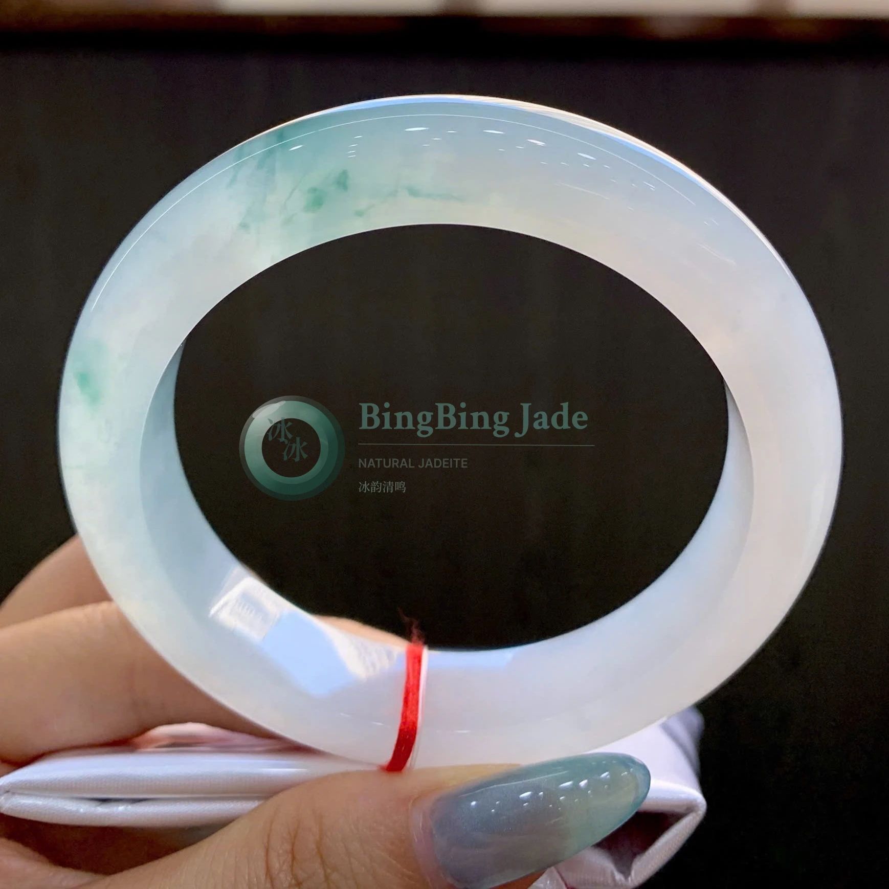 Icy White Jelly Bangle with Floating Green Wisps 56mm
