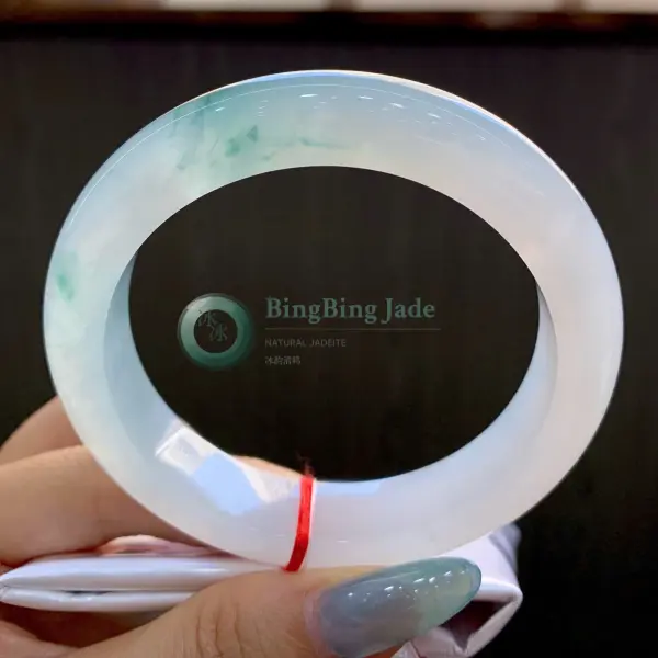 Icy White Jelly Bangle with Floating Green Wisps 56mm