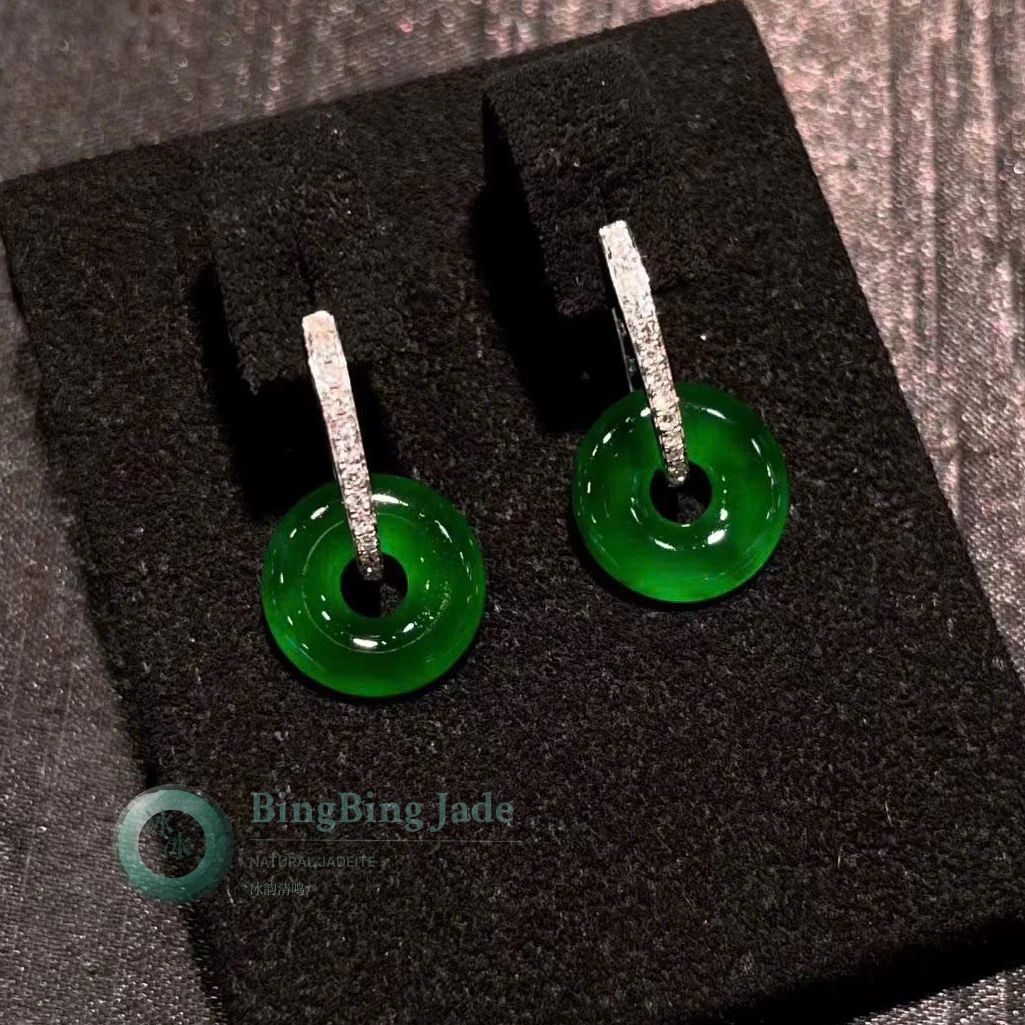 Imperial Green Ping An Kou Jadeite Earrings in 18K White Gold & Diamond Pavé