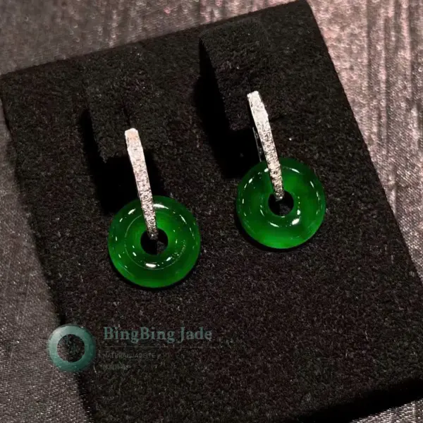 Imperial Green Ping An Kou Jadeite Earrings in 18K White Gold & Diamond Pavé