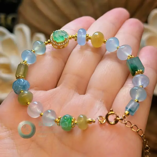 Pastel Garden Multi-Stone Jadeite Bracelet with Carved Emerald Cabochon
