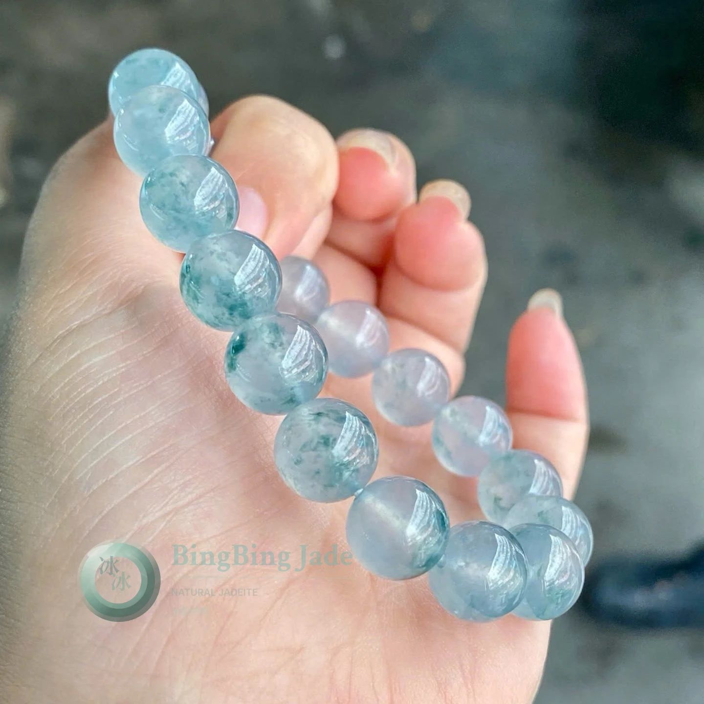 Icy Blue Floating Orchid Jadeite Bead Bracelet 10.6mm