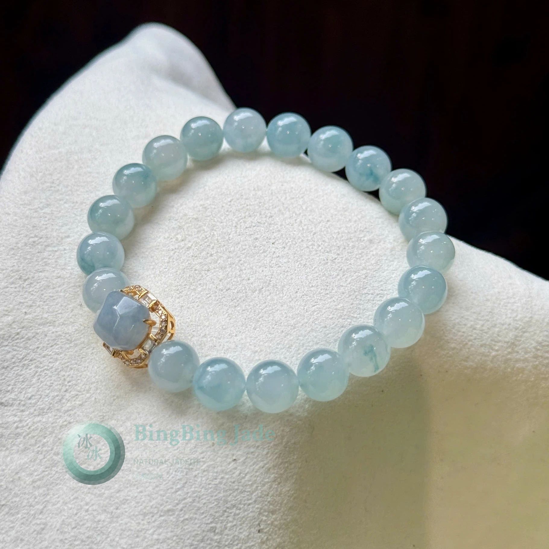 Glacial Blue Translucent Jadeite Bead Bracelet 8.6mm with Gold-Set Cabochon Accent