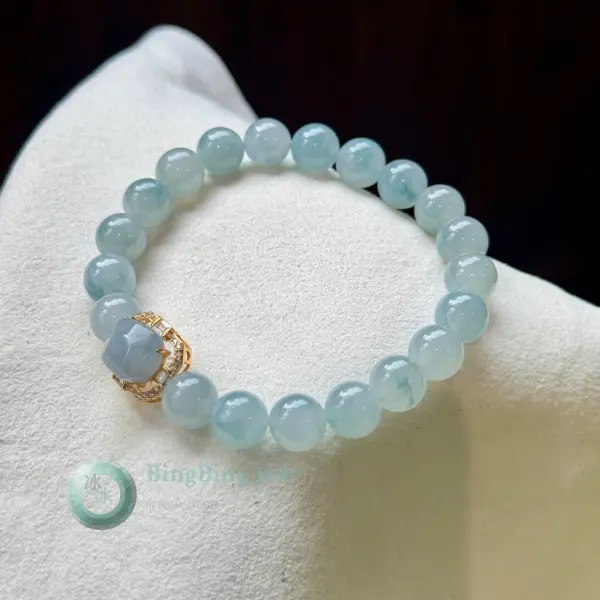 Glacial Blue Translucent Jadeite Bead Bracelet 8.6mm with Gold-Set Cabochon Accent