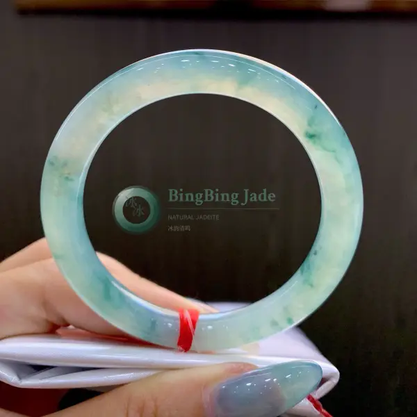 Icy Floating Flower Round Bar Bangle 54mm — Soft Aqua with Drifting Green Clouds