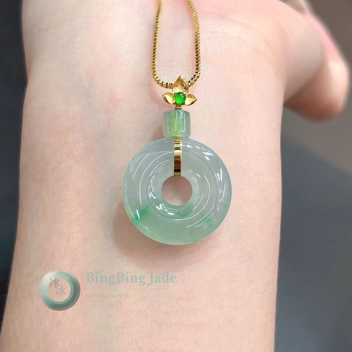 Icy Floating Green Donut Pendant on 18K Gold