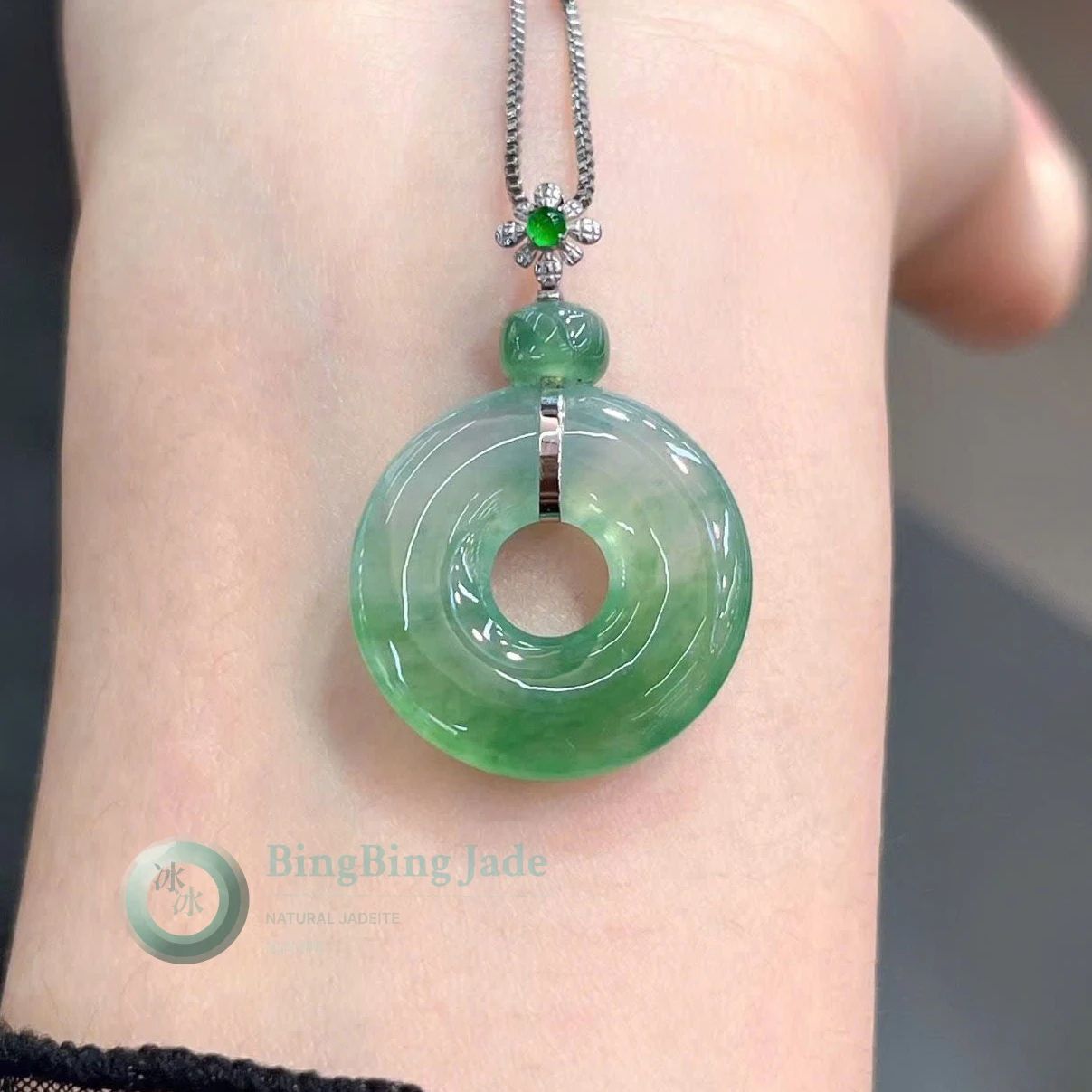 Icy Floating Green Donut Pendant — Concentric Rings in Cool Jelly Light