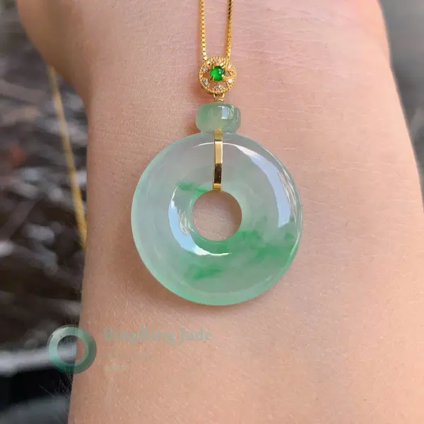 Icy Celadon Donut Pendant with Emerald Wisps in 18K Gold Bail