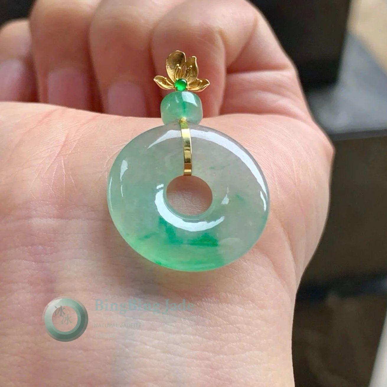 Icy Floating Green Jadeite Donut Pendant with 18K Gold Lotus Bail