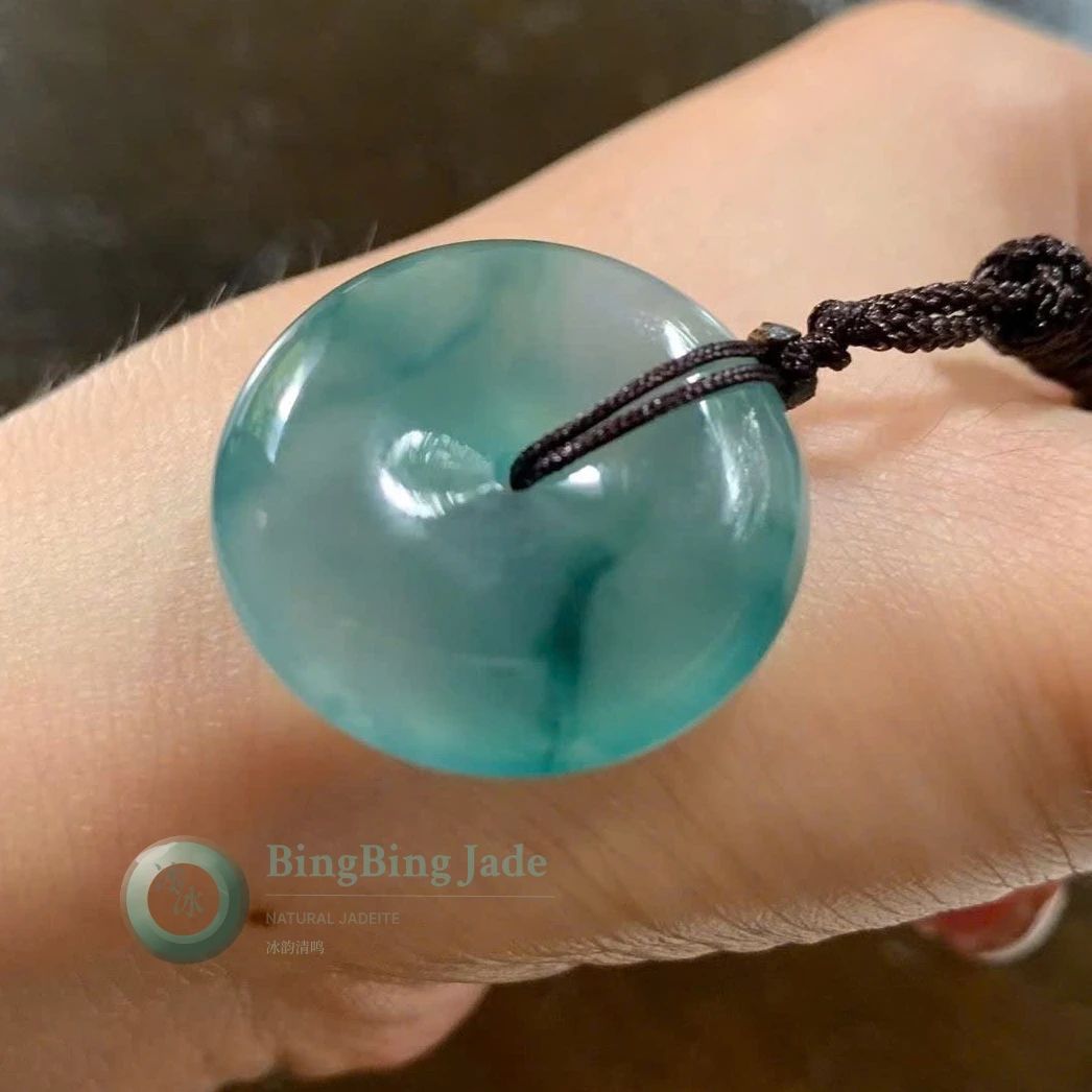 Icy Blue-Green Floating Mist Jadeite Donut Pendant 26mm