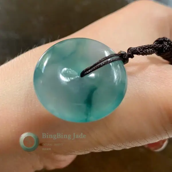 Icy Blue-Green Floating Mist Jadeite Donut Pendant 26mm