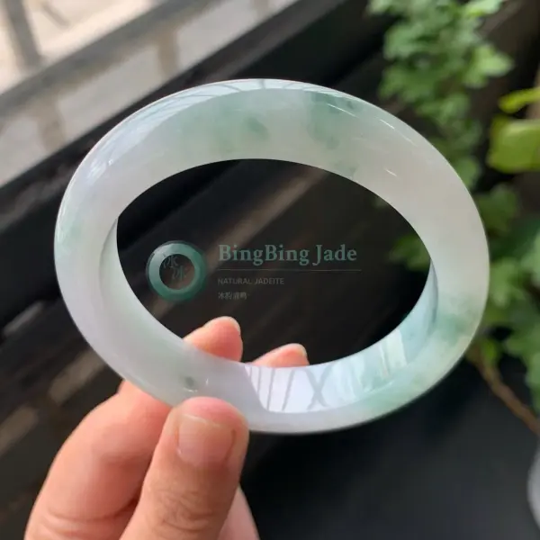 Floating Blossom Jadeite Bangle 56.8mm — Gentle Green Wisps on Snow