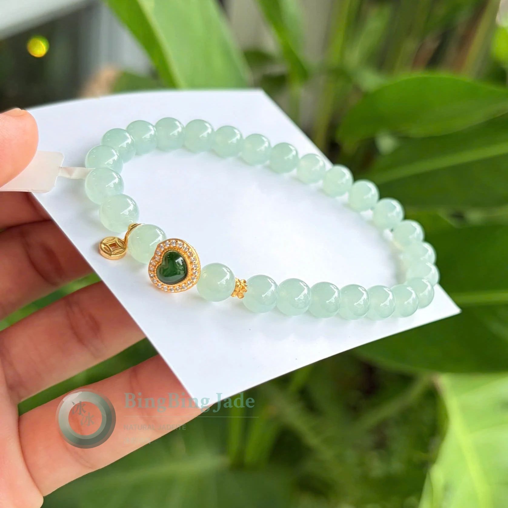 Icy Celadon Bead Bracelet with Emerald Heart Charm