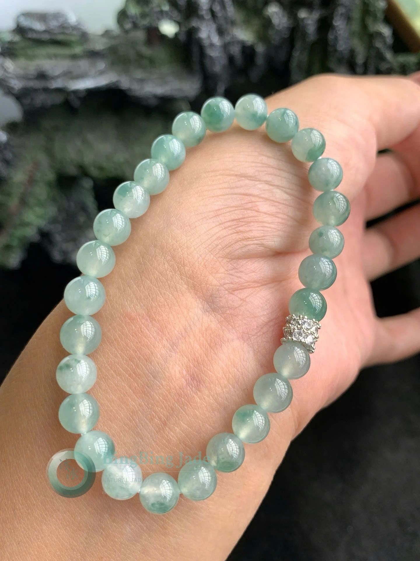 Floating Blossom Icy Green Jadeite Bead Bracelet 6.8mm