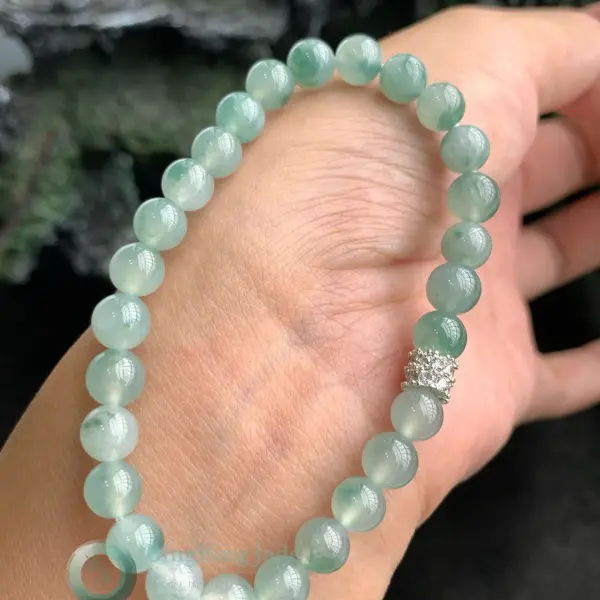 Floating Blossom Icy Green Jadeite Bead Bracelet 6.8mm
