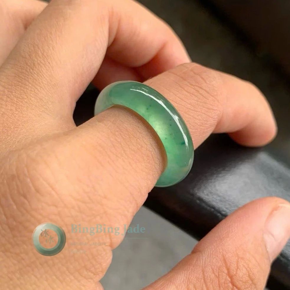 Icy Floating Green Jadeite Band Ring US 6.25