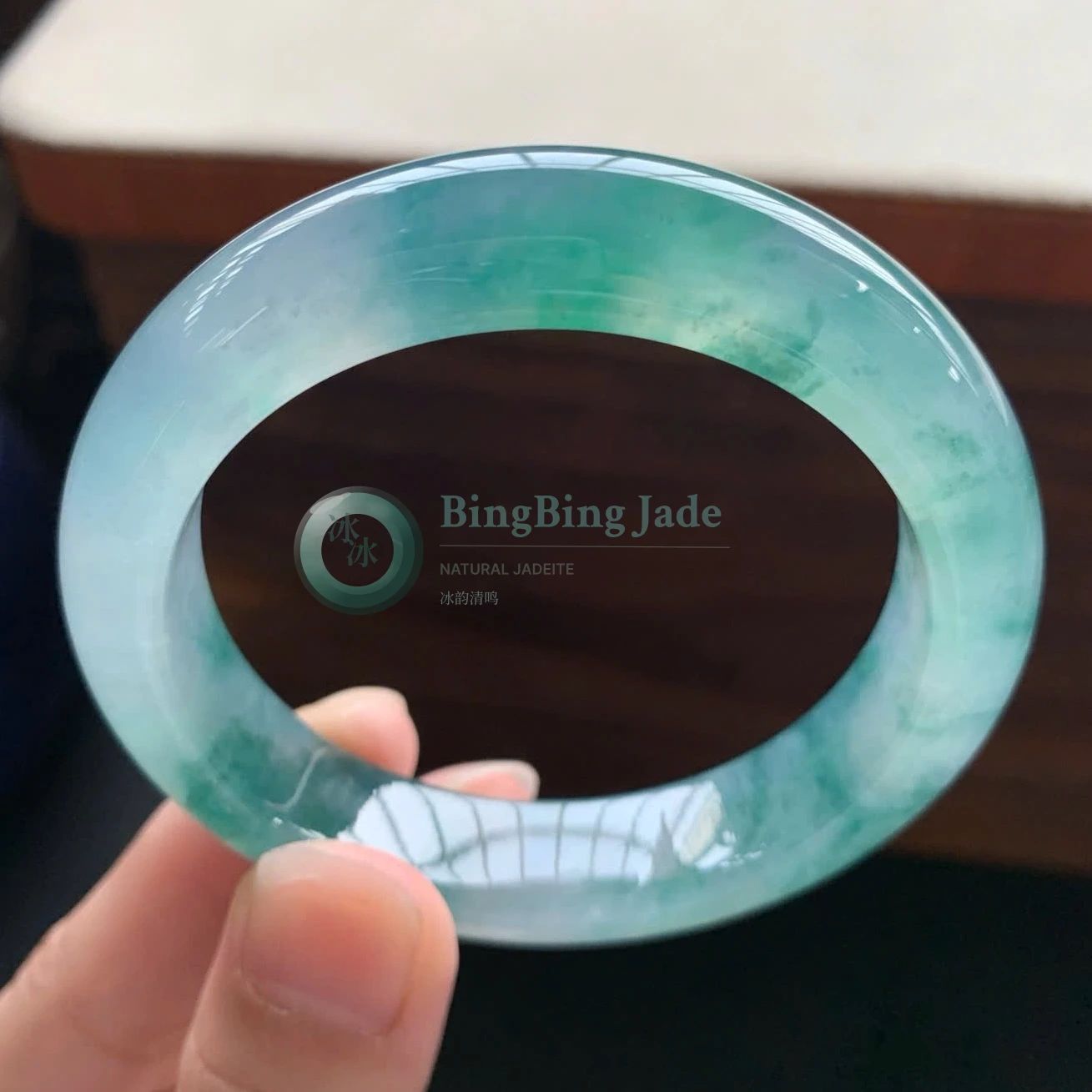 Icy Aqua Bangle with Drifting Emerald Clouds 53mm