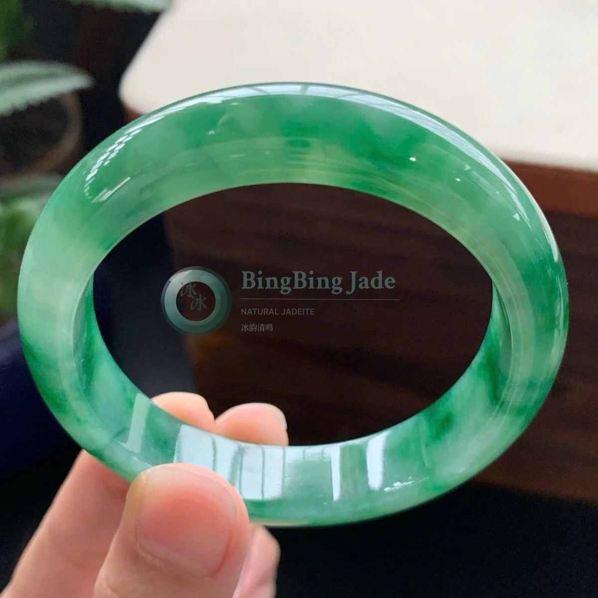 Vivid Emerald Marbling Jadeite Bangle 55mm