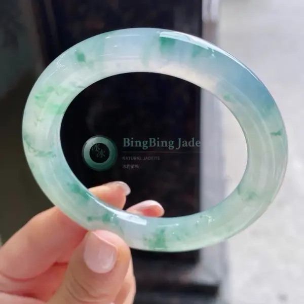 Icy Pale Blue with Floating Emerald Patches Bangle 54mm