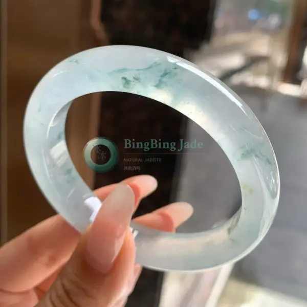 High Icy Glacial Bangle with Floating Teal Wisps 55mm