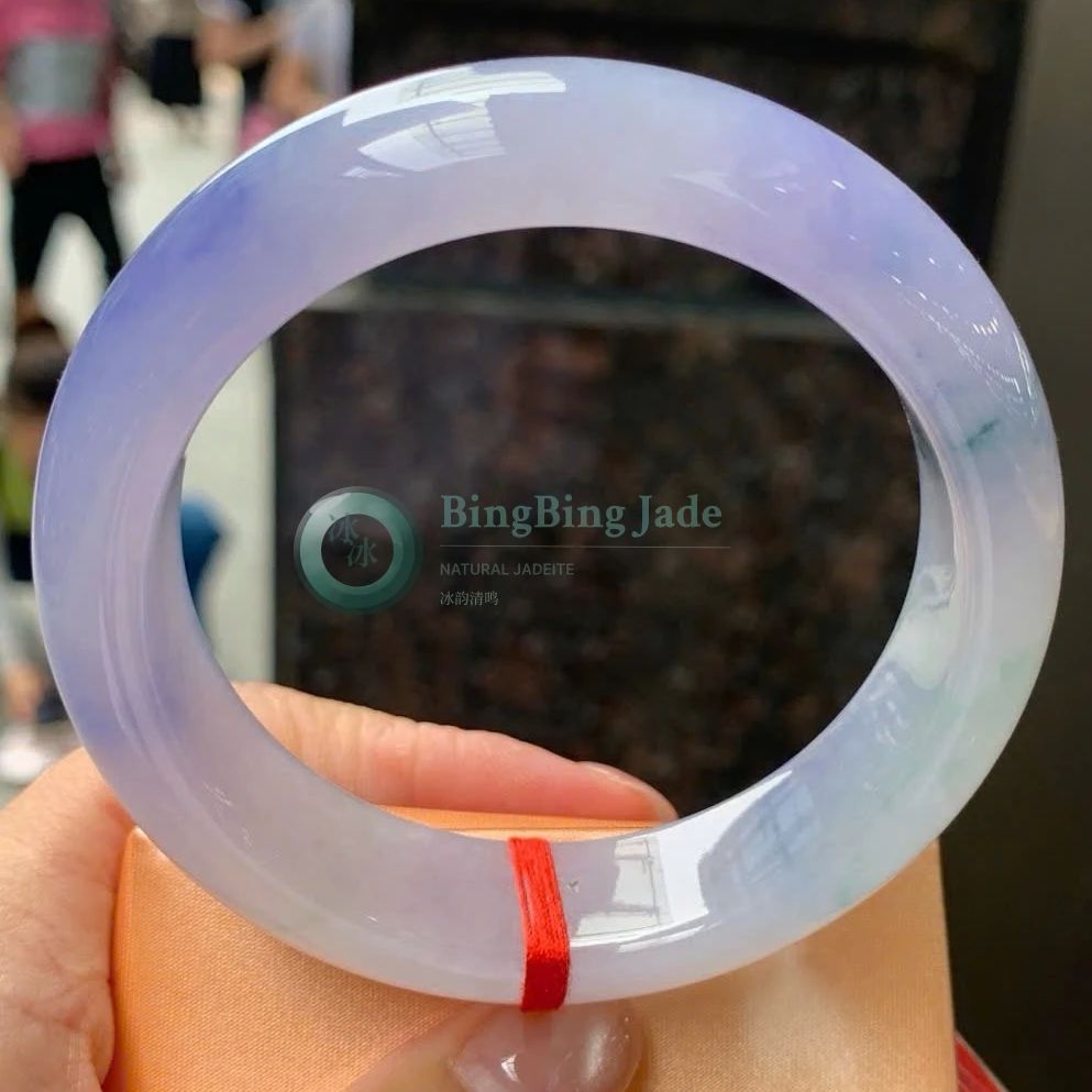 Lavender Mist with Floating Green — Icy Glutinous Jadeite Bangle 58mm