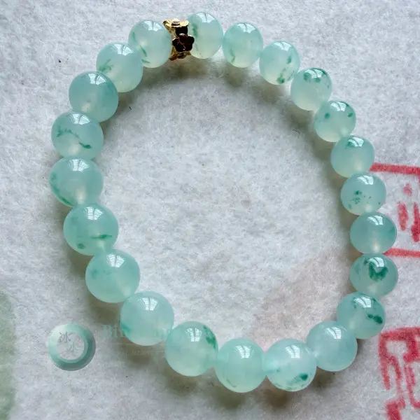 Icy Floating Blossom Jadeite Bead Bracelet 8mm — Soft Aqua with Scattered Green Wisps