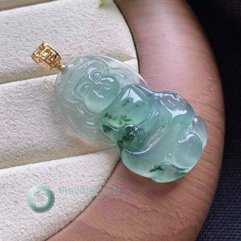 Icy Floating Moss Guanyin Pendant 18K Gold Bail